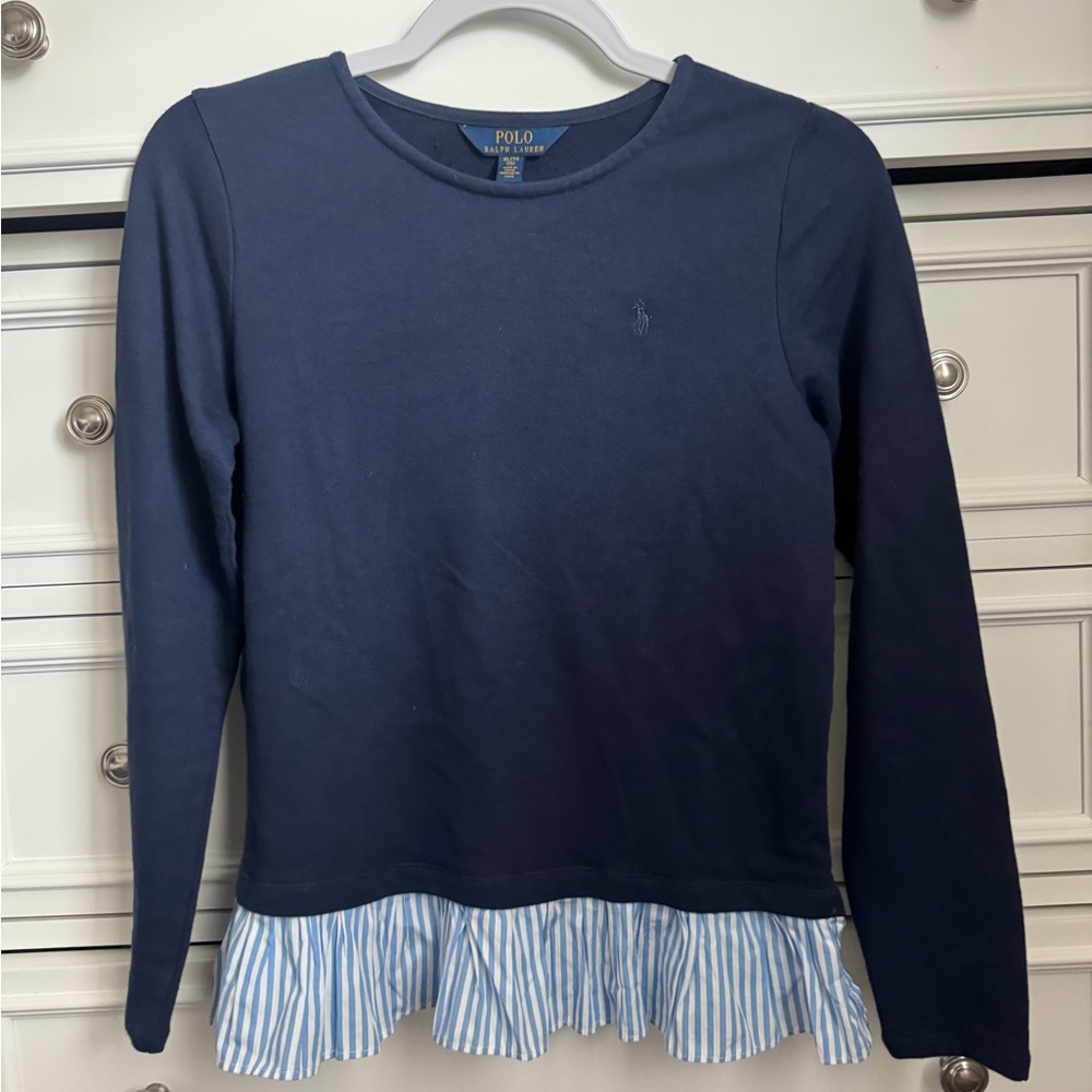 Polo by Ralph Lauren Girls Dark Blue Crew Neck Top with Raffle, Sz XL 16